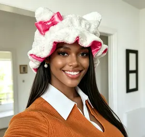 Women's Luxury Silk Satin Teddy Bonnet with Cute Ears, Soft Satin Lining, Scottish Style Sleep Cap, Heatless Haircare, Daily Hair Protection, Single Item Bonnet Silk That Protects Hair