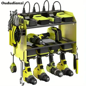 Modular Power Tool Organizer with Charging Station, Wall Mount Garage 4 Drill Shelf Rack with Hooks, Heavy Duty Tool Battery Holder Built in 8 Outlet Power Strip