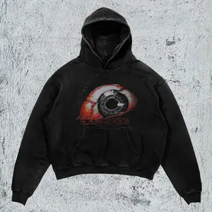 "Dark Vibe" Slogan Hoodie Y2K Aesthetic Distressed Black Pullover Graphic Sweatshirt with Pockets Unisex Oversized Vintage Washed Heavyweight Fabric