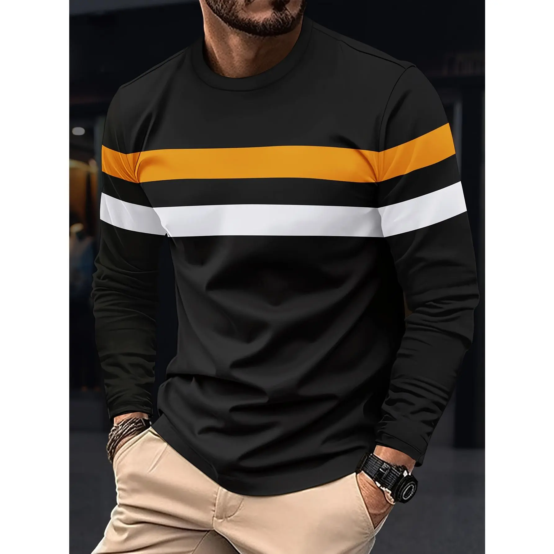 (Targeted development) New men's casual, comfortable, sports, fitness, jogging, color blocked round neck long sleeved T-shirt (not a 3D digital printed product) fathersdaygift