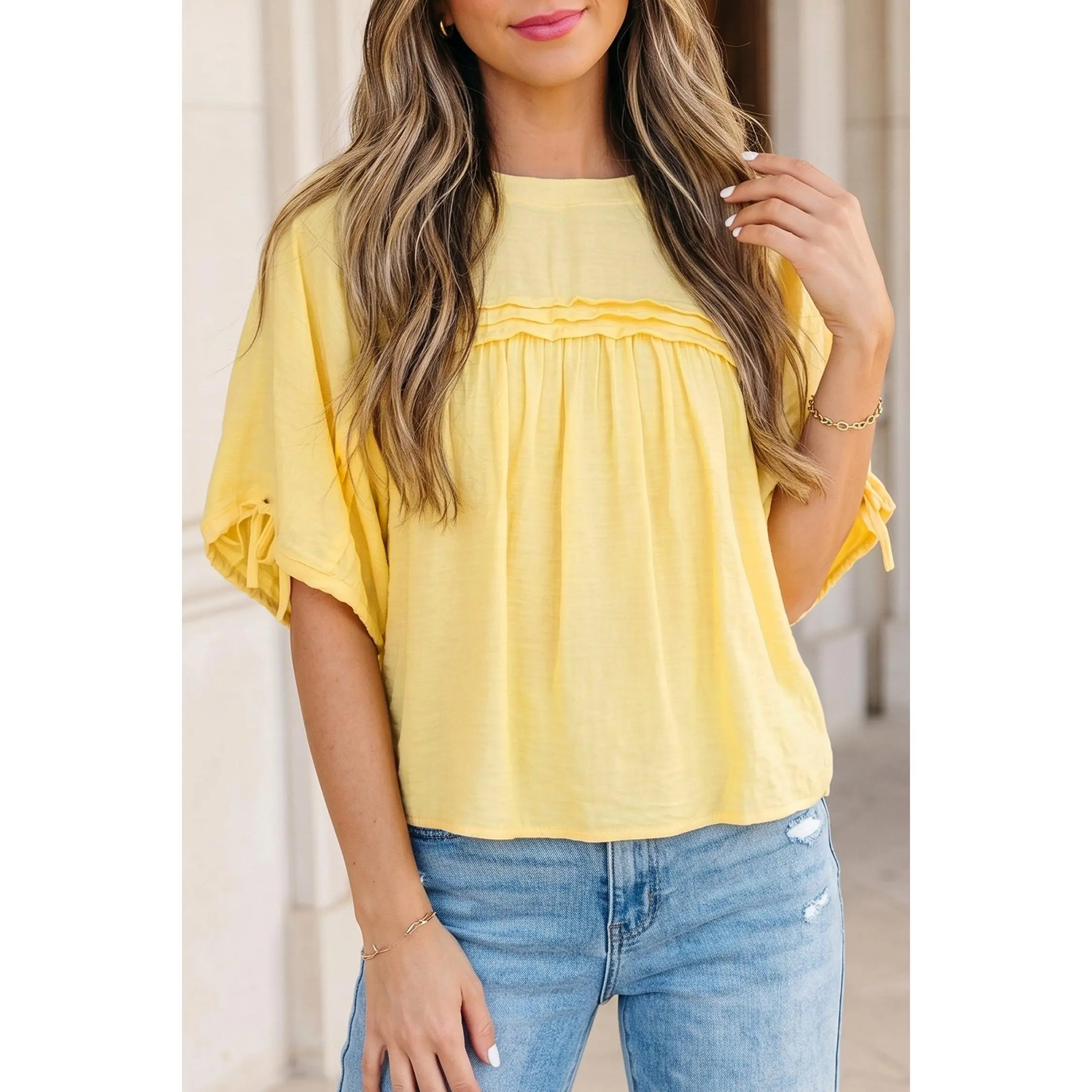 Yellow Cream Tie Half Sleeve Pleated Detail Babydoll Blouse