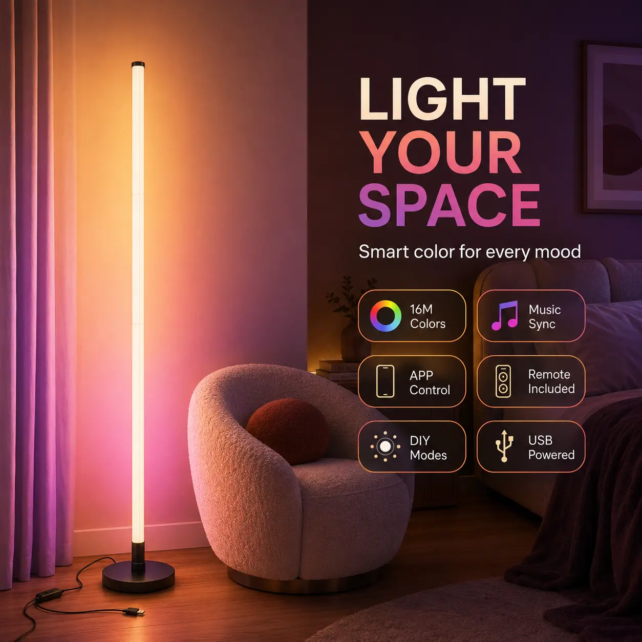 Modern RGBIC Mood Lamp for Bedroom, Music Sync LED Floor Accent with App and Remote Operation, Slim Corner Lighting for Bedside, Dorm and Lounge, 1/2 Pack
