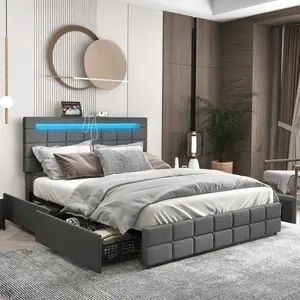 Upholstered  Full Size Bed Frame with LED Light ,Adjustable  Storage Headboard with Charging Station, Platform Bed with 4 Drawers, No Box Spring Needed, Easy Assembly
