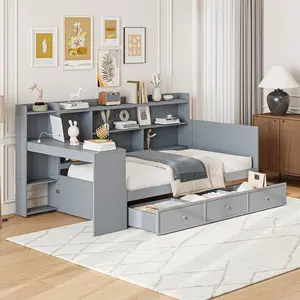 Twin Size Daybed With Bookcase and 3 Storage Drawers, Solid Wood Platform Bed Frame with USB Ports and desk , No Box Spring Needed