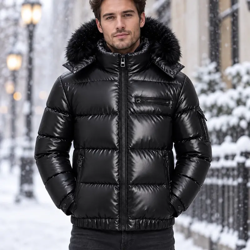 Men's Black Glossy Puffer Jacket with Faux-Fur Trim Hood Full-Zip Closure & Multiple Zippered Pockets for Fall Winter
