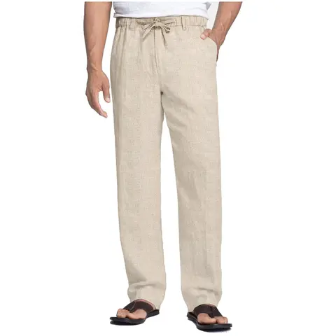 COOFANDY Men's Elastic Waist Drawstring Linen Pants, Lightweight Casual Beach Summer Trousers with Pockets