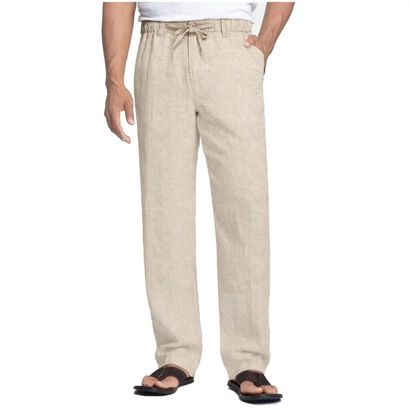 COOFANDY Men's Elastic Waist Drawstring Linen Pants, Lightweight Casual Beach Summer Trousers with Pockets