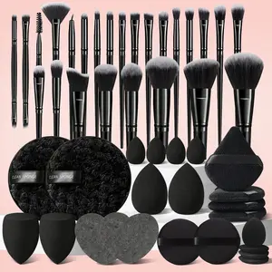 Black 47Pcs Makeup Brush Kit with Makeup Brush,Blending Sponges,Small Loose Powder Puff,Mini Makeup Puff,Triangle Puffs,Heart Shape Facial Sponges,Cleaning Sponge,for Valentine’s Day & Mother’s Day Gift