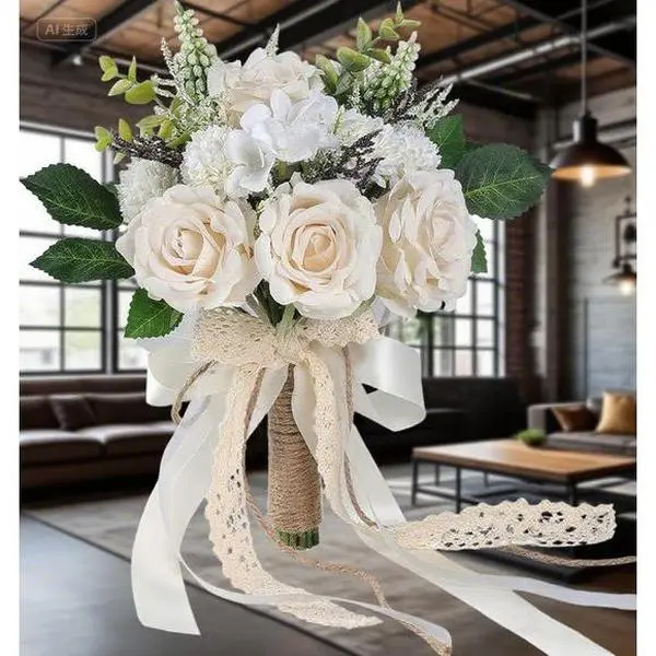 9.5-Inch Reusable Decorative Silk Artificial Bouquet - White Champagne Roses for Bridesmaids, Church Decor, Bridal Party Centerpieces, Elegant Floral Arrangement
