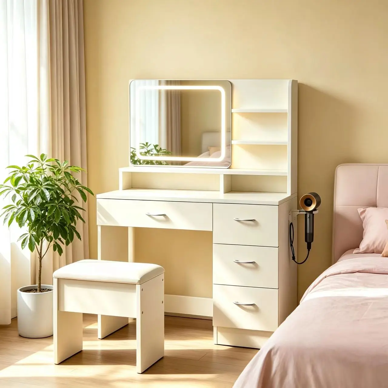 White LED Lighting Makeup Vanity Table Set with Stool - Wood Frame, Large Storage, Stylish Top Drawer, Hairdryer Holder for Bedroom Beauty Routines