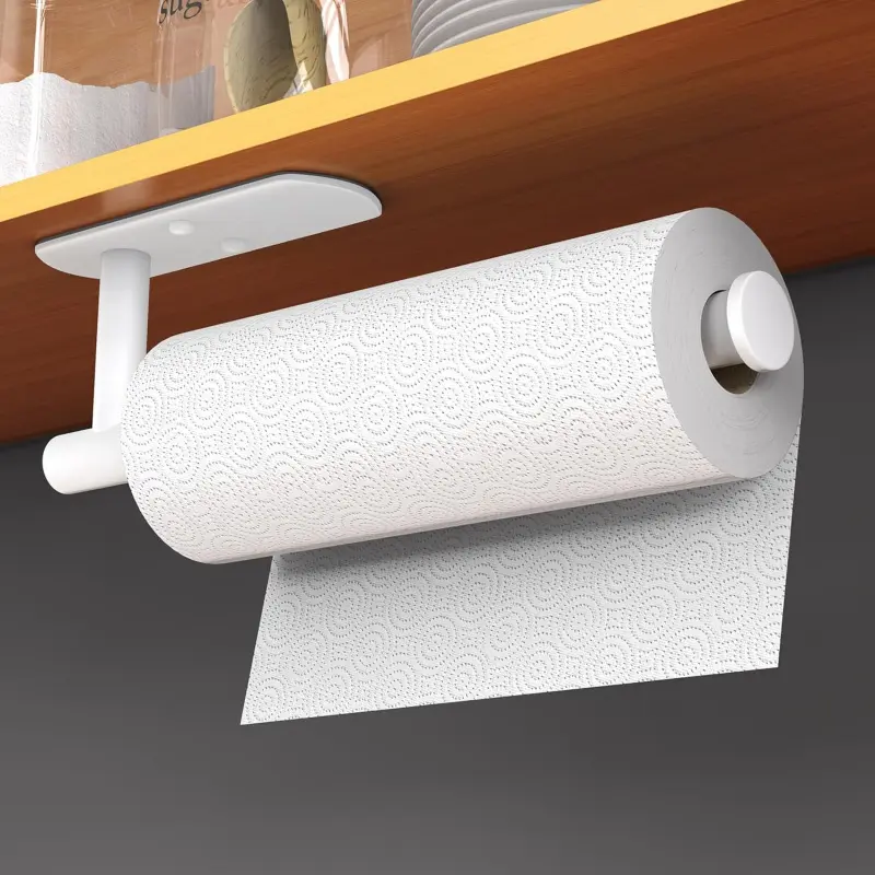 Stainless Steel Thick White Adhesive Paper Holder - Wall Mounted Under Cabinet Rack for Kitchen, Bathroom Towel Rolls