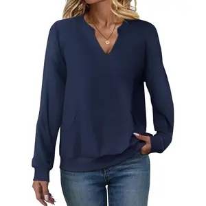 Womens V Neck Sweatshirts with Pockets Fleece Pullover Casual Loose Fit Long Sleeve Tops Fall Clothes 2025