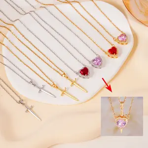 18K Gold Plated Cupid's Arrow Dagger-Heart Pink Crystal Stacking Necklace, Edgy Y2K Arrow Piercing Costume Jewelry Gift with Cross Pendant