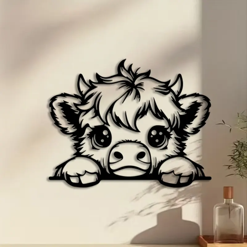 1pc Highland Cow Metal Wall Art, Cartoon Sculpture, Animal Design, Artistic, Perfect for Home Office Wall, Boho Decor, Rust-Proof Metal