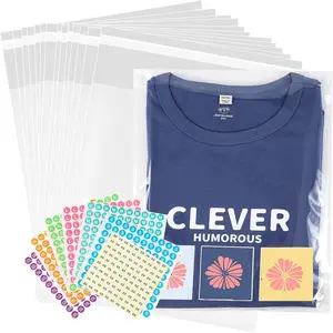 100 count 9"x12" Clear Plastic Bags Self Sealing,Thick Clear Plastic Cellophane T-shirt Packaging Bags with Clothing Size Stickers for Packaging Clothes, T-Shirts, Pants