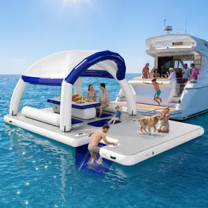 [Ships in 2 Boxes] AMERLIFE Inflatable Floating Dock, 16.4x10x7.2 FT Water & Land Inflatable Platform with Canopy, Built-in Table, Water-Level Seating, Large Floating Deck and Ladder for Lakes, Pools & Beach