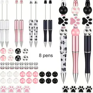 58pcs Plastic Ballpoint Pen Set, Including 8pcs Ballpoint Pen, 34pcs Wooden Beaded And 16pcs Spacer Beads, DIY Set Gift School Office Supplies Writing Pens Ballpen Set