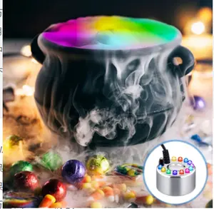 Halloween Witch Cauldron with Mini Mist Maker Fogger with Splash-Proof Guard, 7x5inch Small Plastic Magic Witch Pot, 1.7x1.5inch Alloy Ultrasonic Mist Maker Fog Machine with LED Light Flashes for DIY Halloween Indoor Decoration