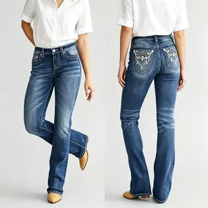 Women's High Waist Dark Wash Bootcut Jeans, Rhinestone Embroidery Beaded Back Pocket Western Casual Flare Denim Pants