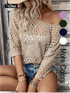 Women's Plain Hollow Out Sweater Pullover, Casual 3/4 Sleeve Crew Neck Jumper for Summer, Fashion Women's Knitwear for Daily Wear, Womenswear