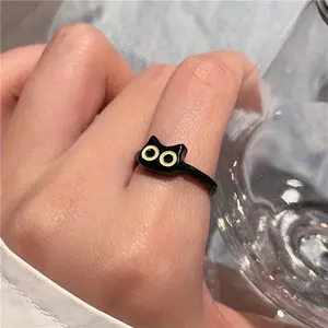 Chic Black Cat Cuff Ring - Gunmetal Finish, Alloy & Acrylic, Fashionable Accessory for Girls