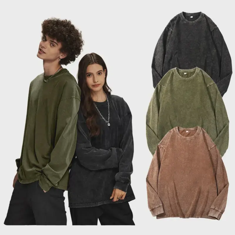 Unisex loose-fit pure cotton crewneck sweatshirt; retro drop-shoulder washed pullover top; casual relaxed long-sleeve base layer with a  Y2K distressed faded texture. vintage shirts