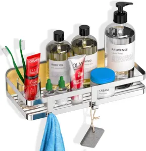 Royal Craft Wood Shower Caddy Bathroom Shelf, Bathroom Storage Organizer, Shower Shelf with 2 Hooks, Water & Rust Resistant Iron Basket, Quick & Easy Adhesive Installation for Home & Bathroom Use
