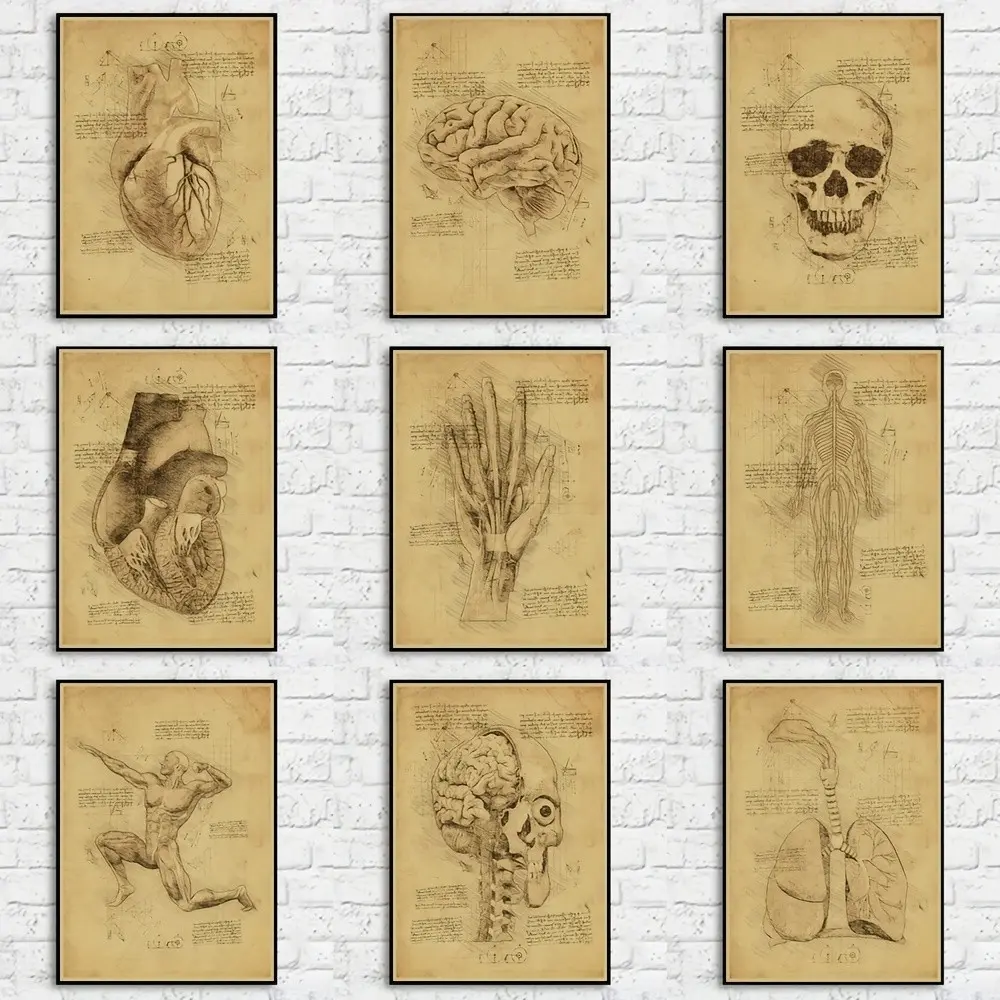 9pcs Painting Vintage Wall Art Poster, Classic Human Nervous System, Antique Photo Abstract Print, Man Posing Anatomy, Kraft Paper Mural, Bedroom Home Decor Artwork