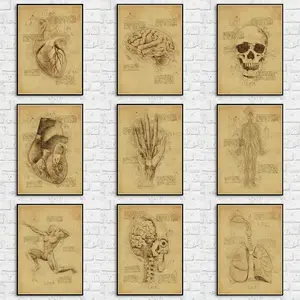 9pcs Painting Vintage Wall Art Poster, Classic Human Nervous System, Antique Photo Abstract Print, Man Posing Anatomy, Kraft Paper Mural, Bedroom Home Decor