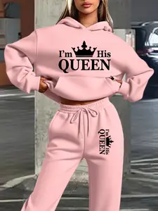 Women's Hooded Knit Sweatshirt Set, Fall Winter I'm His Queen Print, Sweet Style Crown Design, Comfortable Daily Wear