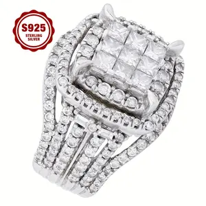 925 Sterling Silver Lady's Ring, Luxurious And Fashionable, Multi-layer Princess Square Design, Fully Set With 5A Zirconia, Suitable For Daily Wear, Engagement, Date Parties, As A Gift For Your Girlfriend.