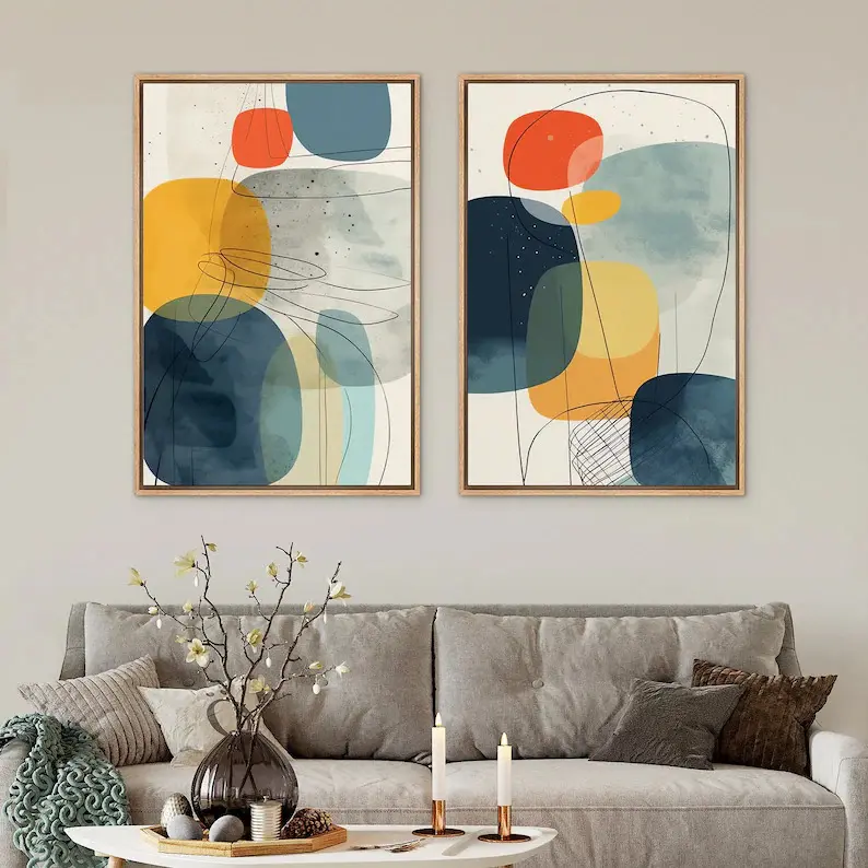 Canvas Wall Art Prints Set of 2 Colorful Polygon Abstract Shapes Geometric Print Mid Century Modern Wall Art Minimalist Wall Decor Museum-grade Cotton Canvas Matte Finish Artistic Decoration Ornaments Room Photo posters