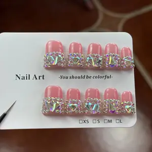 10pcs high-end Sweet and cool style, high-end water diamonds, dazzling pile diamonds handmade French Tip Nails, Glittering Fake Nails