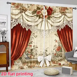 Vintage Floral Print Curtains Set, Fashionable Rod Pocket Window Drapes for Bedroom & Living Room, Comfortable Atmosphere, Easy Installation, Home Textile, Room Decor Curtain