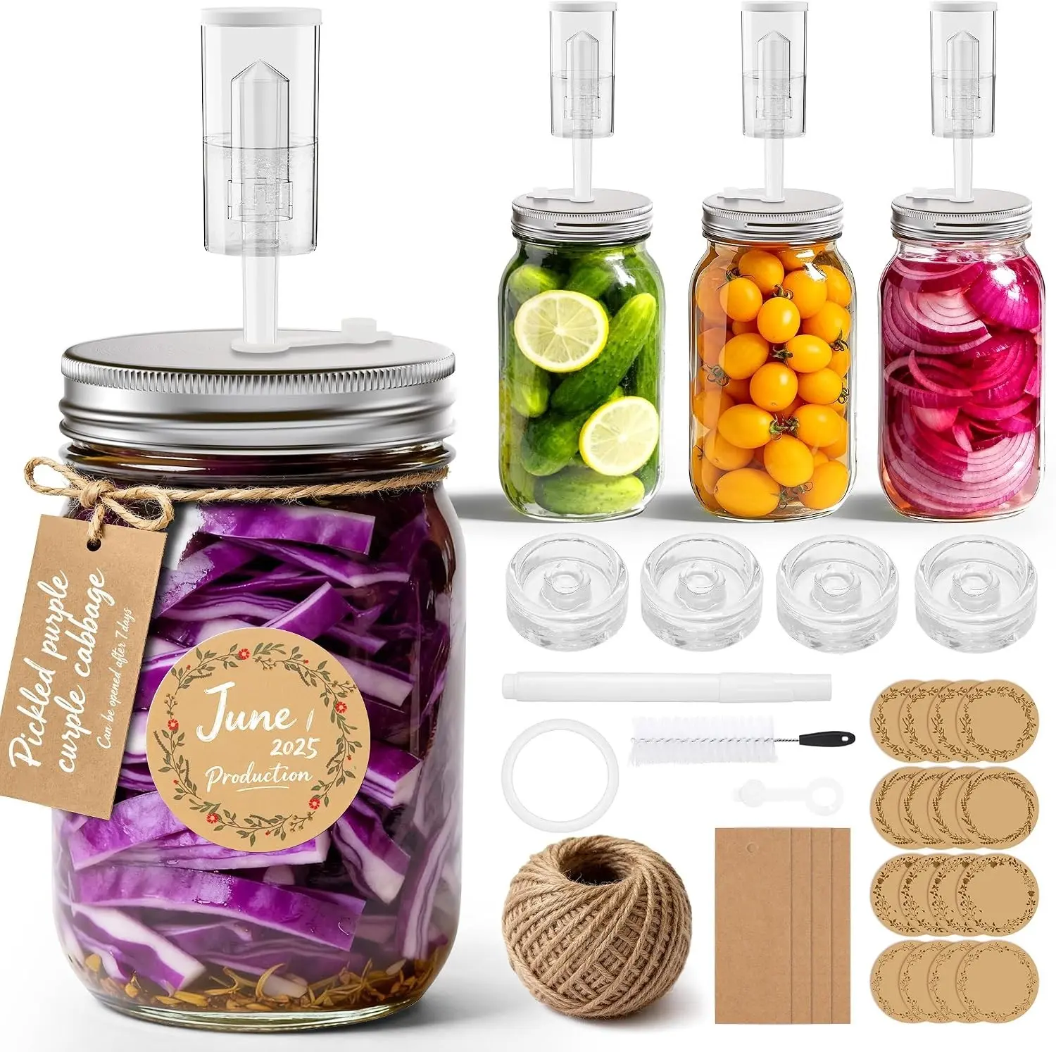 Fermentation Kit 4Pack with 4x32oz Mason Jars Lid Airlock Fermenting Weight | Complete Kit With Airlock, Silicone Ring, Grommet, Glass Weight, Lid, Jar Brush, Marker Pen, Sticker, Ideal For Beginners