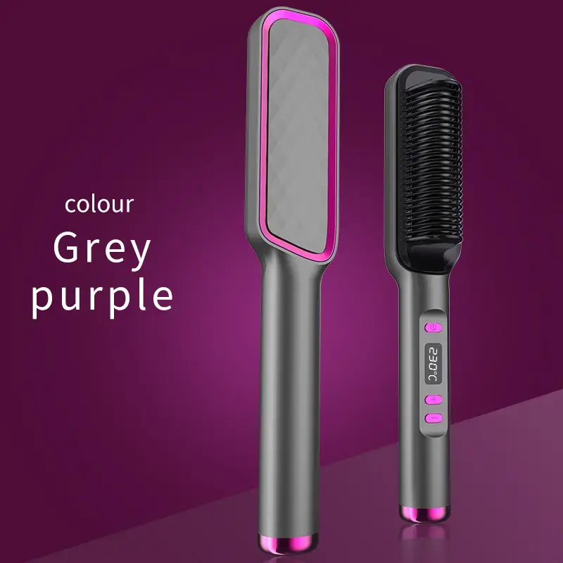 2-in-1 Hair Straightener Brush & Curler, Anti-Frizz Negative Ion Heated Ceramic Hot Comb with LCD Display, Portable Fast Heating Electric Hair Styling Tool for Travel & Home