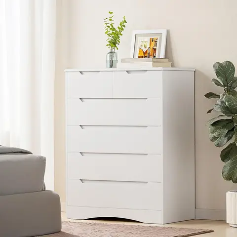 GIZOON 6-Drawer Tall White Bedroom Dresser - Sturdy Contemporary Wooden Cabinet, 28.35'' D * 15.75'' W * 43.7'' H Small Space Vertical Storage, Easy Access Organization, Clean Lines Modern Room Decor Furniture