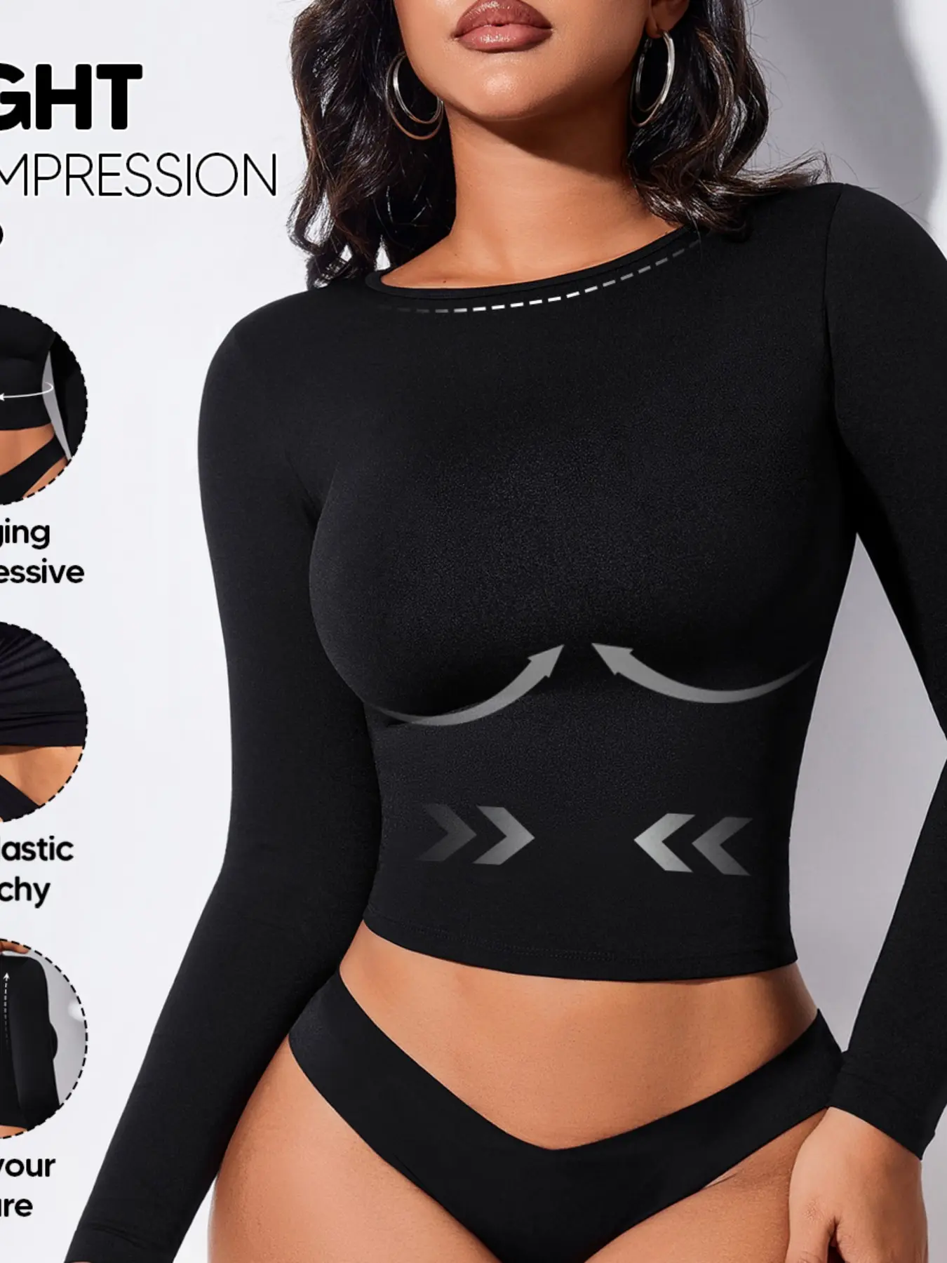 Round Neck Long Sleeve Seamless Shaping Top, High Stretch Tight Fit Belly Control Short Tee, Compression Fit Shapewear, Slimming Underwear T-Shirt for All Seasons, Shapewear, Casual