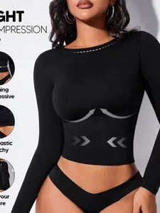 Round Neck Long Sleeve Seamless Shaping Top, High Stretch Tight Fit Belly Control Short Tee, Slimming Underwear T-Shirt for All Seasons, Shapewear, Casual