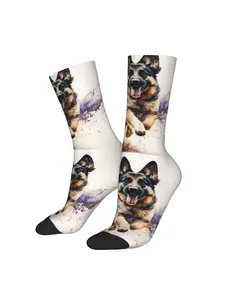 1pc Men'S Novelty German Shepherd Dog Print Crew Socks, Polyester Blend All Over Print Knit Fabric, Hand Wash/Dry Clean, Casual Comfy Socks