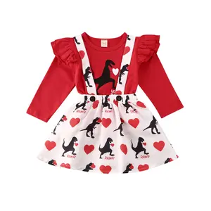 Toddler Baby Girl Valentine's Day Outfit Ruffle Long Sleeve T-Shirt Top Heart Print Suspender Skirt 2Pcs Set