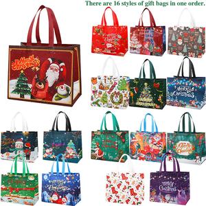 16 or 32 PCS Christmas Gift Bags with Handles Reusable Non-Woven Holiday Totes Assorted Festive Prints Perfect for Xmas Decor New Year Gifting Unisex Eco-Friendly Durable Heavy-Duty Storage Foldable Shopping Tote Water-Resistant Market Trip