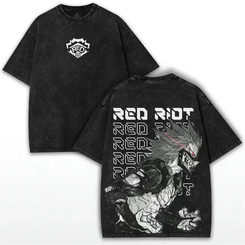 Men's My Hero Academia Eijiro Kirishima Red Riot Hardening Quirk Black Washed Vintage Grunge Retro Anime Graphic T-Shirt, Oversized Short-Sleeve Crewneck Cotton Tee for Fans & Daily Wear (Unisex Fit)