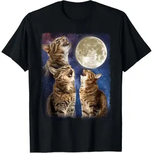 100% cotton Three Cats Howling Moon Funny Meme Kitten Cat Howling At Moon T-Shirt casual Fashion graphic tees for women