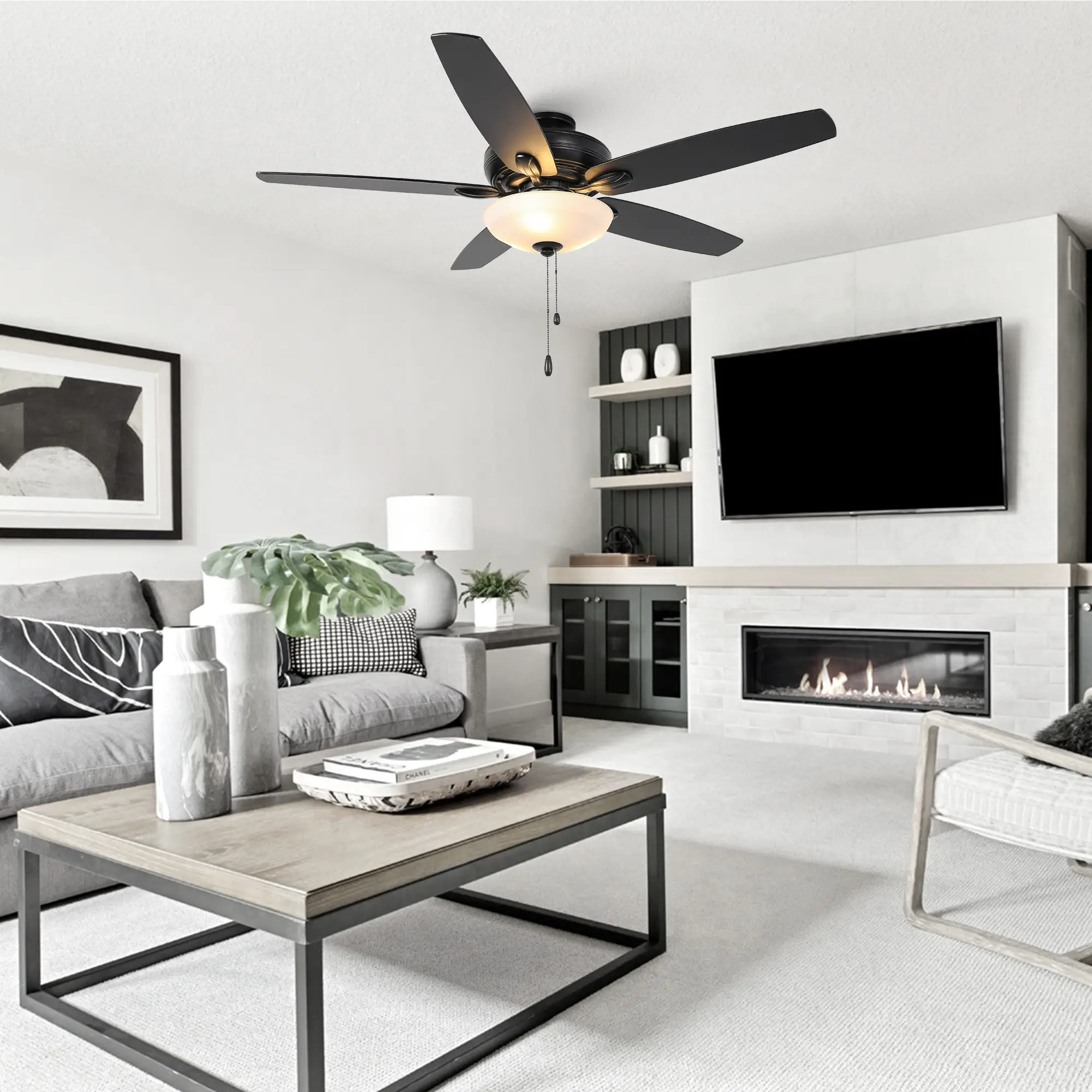 52" Traditional Black Pull Chain 5 Blades Ceiling Fan with Light, Downrod Mount or Flush Mount Ceiling Fan