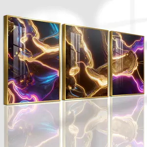 3 Count Aluminum Alloy Frame Canvas, Fashion Poster Abstract Golden And Purple Fluid Art, Modern Living Room Decoration, Light Luxury Family Art, Suitable For Bedroom, Corridor And Office Wall Decor, Gift