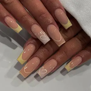 24pcs Clear Nude Foundation Color French Edge Nail Art, Hand Drawn Hearts & Lines Decor, Long Almond Shape Nails, Glossy Finish