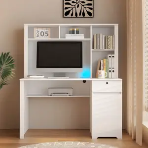 Versatile White Desk with Hutch and Bookshelf – Equipped with Charging Ports & Drawers for Home Office and Study Needs