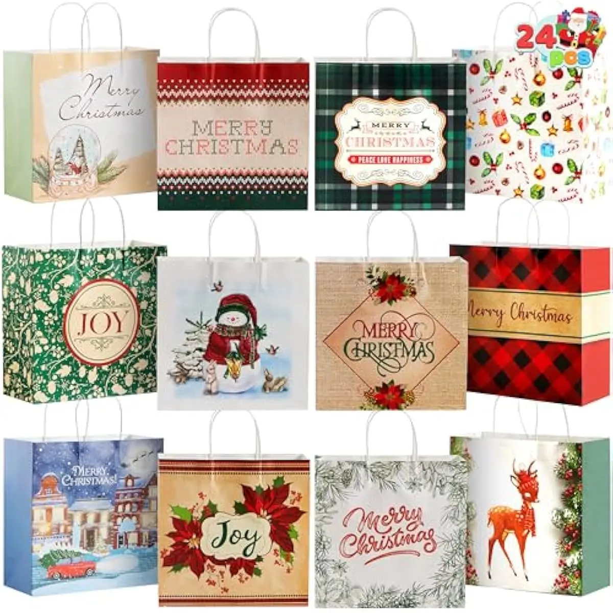 JOYIN 24 Pcs Christmas Kraft Paper Gift Bags With Twine Handles, 12 X 12 X 5'' Large for Holiday Present Wrapping, Xmas Goodie Bags, Party Supplies - 12 Designs
