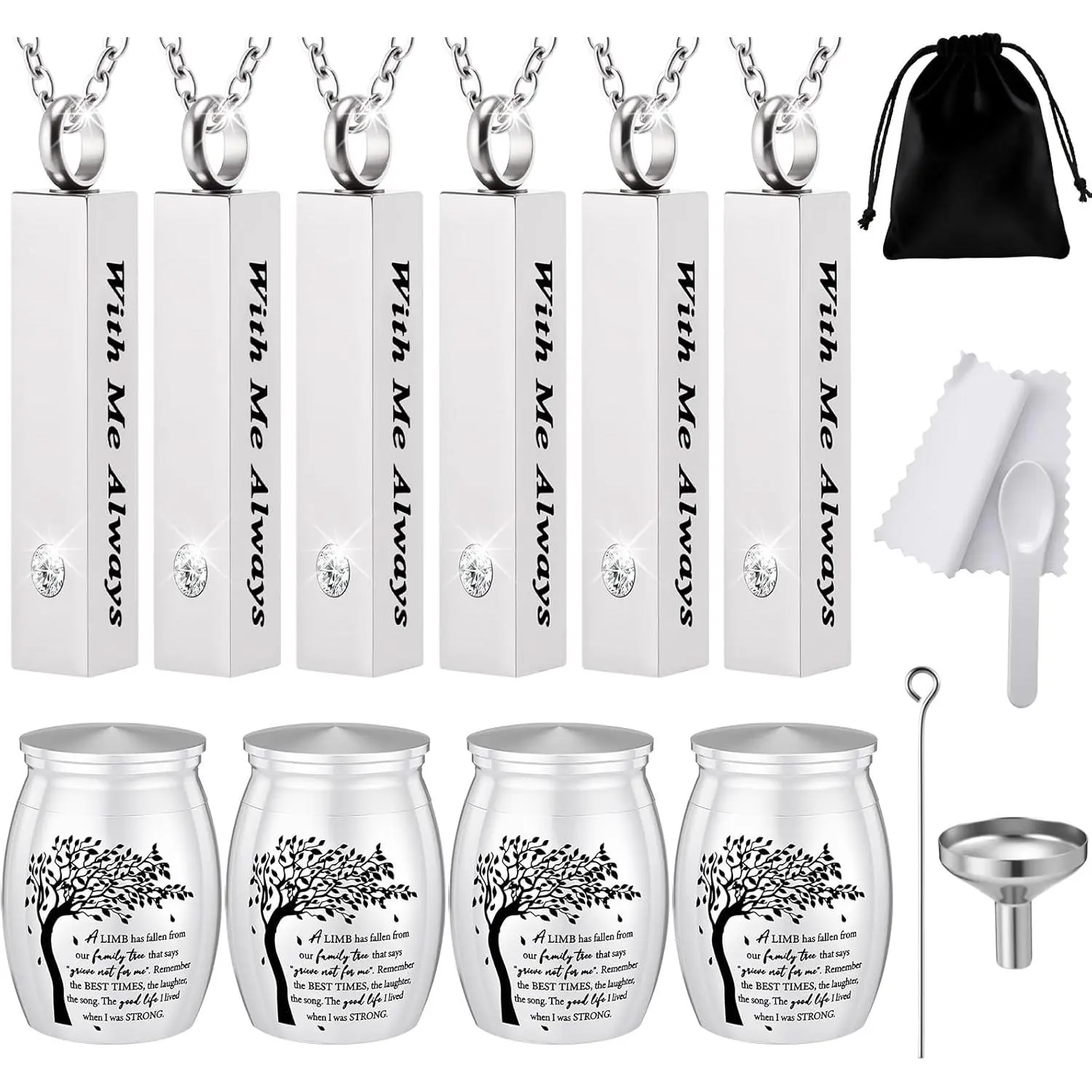 10 Pcs Alloy-Stainless Steel Urn Necklaces for Ashes, Cremation Jewelry Small Keepsake Memento, Engraved Tree Pattern & "With Me Always" Text, Waterproof Memorial Holder for Family Memories